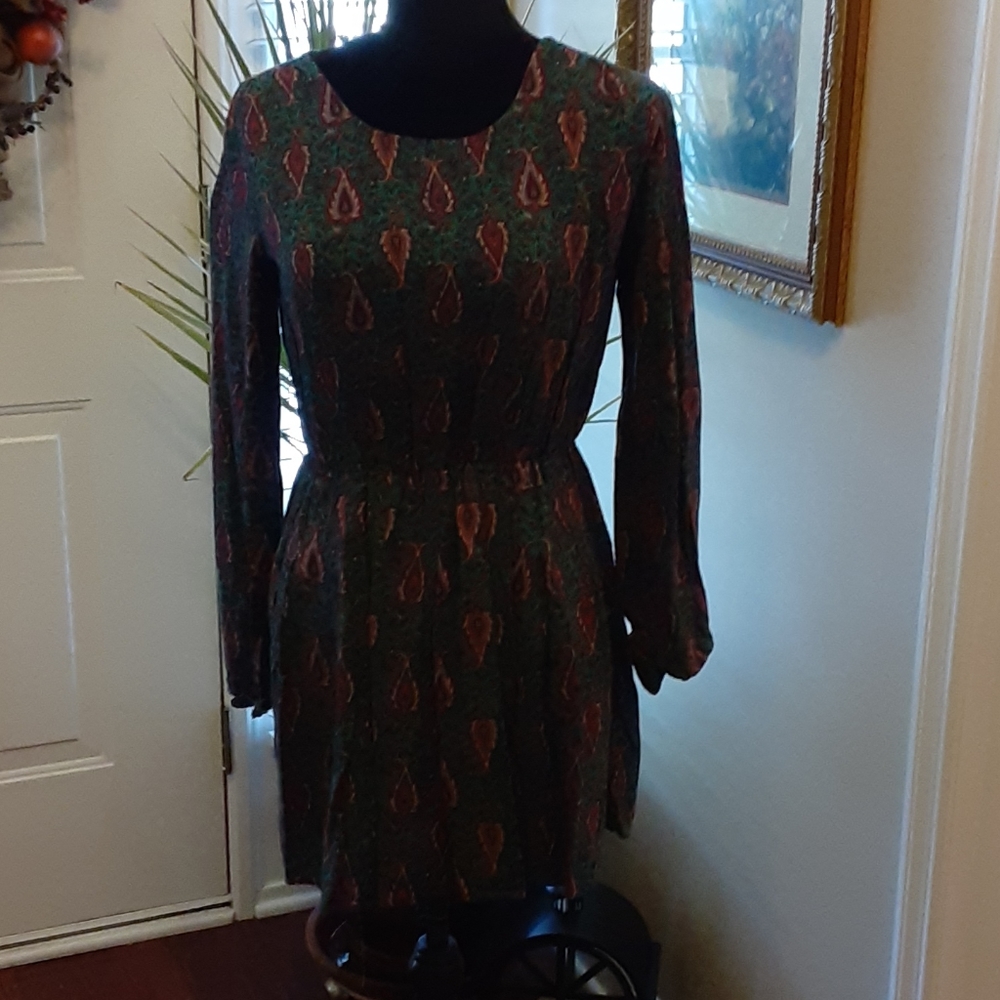 Forever 21 teal burgandy blue cream paisley long slv dress elastic waist M EUC…